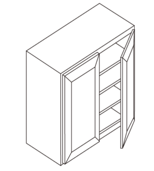 Line drawing of a three-door cabinet with open middle door.